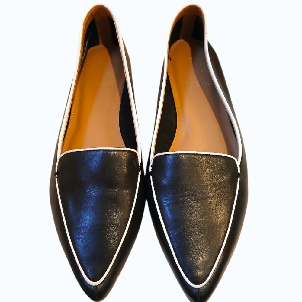J. CREW Edie Black Leather White Piping Pointy Toe Flats - Like New
